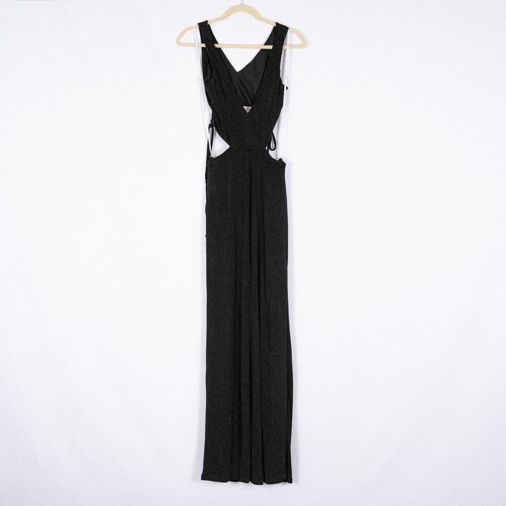 Lulus Black Slinky Knit Jumpsuit w/ Cutouts & Side Gathers #R1095 Wide Leg SMALL
